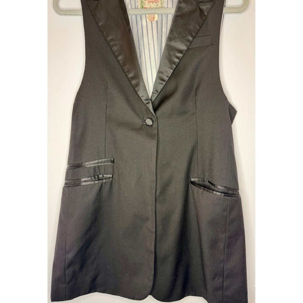 Flying Tomato Long Vest Womens L Black Whimsygoth Satin Trim Tuxedo Waistcoat - Picture 3 of 9